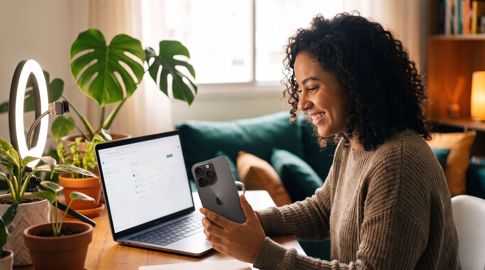 Criadora de conteúdo com o celular e o notebook