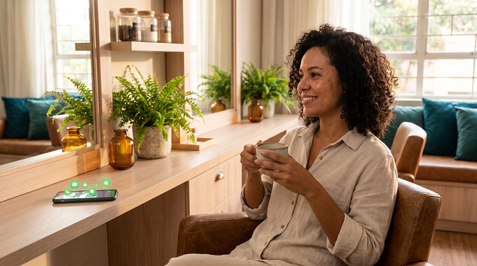 Dona de salão com o celular próximo à bancada